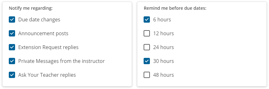 settings tabs showing assignment due date reminder options