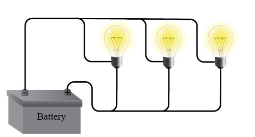 Three lightbulbs are connected in a parallel circuit with a battery. Each lightbulb in the circuit is on its own wire, and the wires are of equal lengths. Each lightbulb wire is connected to the wire running from the negative terminal of the battery to the positive terminal.