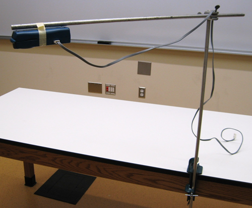 A vertical rod is attached to the edge of a table by a clamp. One end of a horizontal rod is attached to the top of the vertical rod and a motion sensor is taped to the underside of the other end.  The motion sensor is positioned away from the table pointing downward.