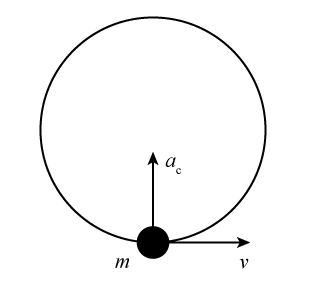 an image of a ball labeled m moving in a circular motion with a line a c pointing toward the middle of the circle and a line v pointing straight out perpendicular to the first line