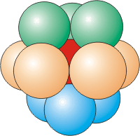 Twelve atoms surround the central atom separated into three planes.  The top plane consists of three atoms which touch to form a triangle and sit on top of the central atom. The middle plane consists of 6 atoms which surround the central atom like a belt. The bottom plane contains 3 atoms which touch to form a triangle with vertices that align with the midpoint of the sides of the triangle formed in the top layer.