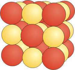 Three layers of red spheres are arranged in an fcc lattice. Three layers of similar sized yellow spheres are arranged in-line with the red spheres of alternating layers. This results in three overall layers.