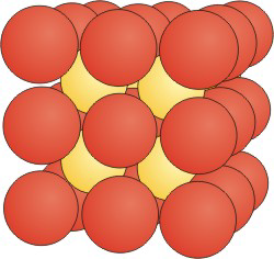 Three layers of 9 red atoms each are stacked to form a cube of three spheres by three spheres.  Between the first and second, and second and third, are layers of similar sized yellow spheres arranged like a square. The 2 layers of yellow spheres align to form a cube of 2 spheres by 2 spheres.