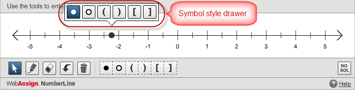 numberline tool with a point plotted and a symbol drawer available with the point