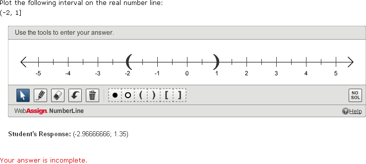 numberline question with "Your answer is incomplete" message