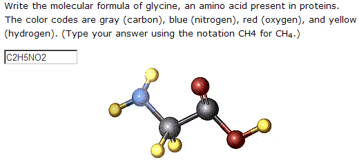 question displaying a prompt, a molecule, and an answer box in which the student has typed "C2H5NO2"