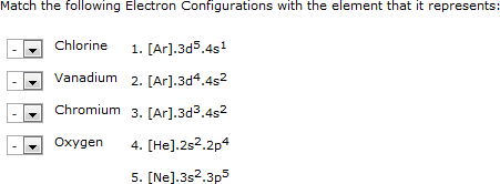 matching question displaying a list of elements and a list of electron configurations