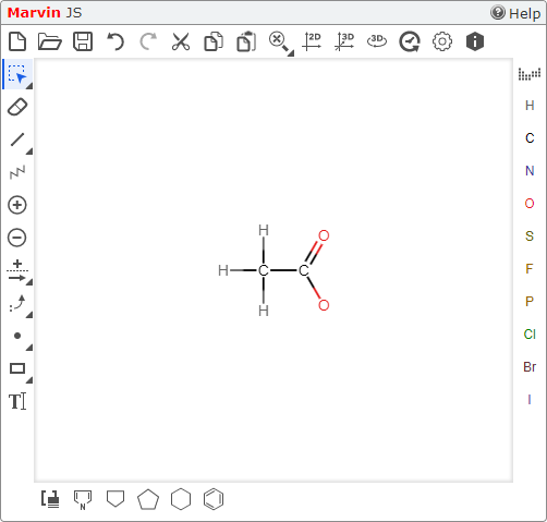 Marvin JS editor with toolbars and a drawing of a molecule.