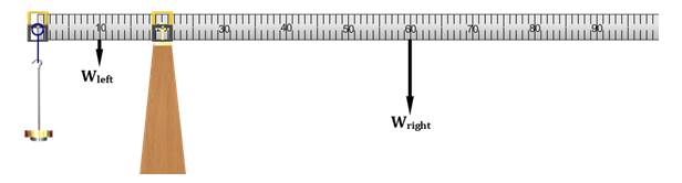 The beam balance apparatus with the hanging mass at the left end of the beam and the fulcrum at 20 centimeters. There is an arrow with the label W left at 10 centimeters and an arrow with the label W right at 60 centimeters.