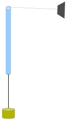 A piece of string runs through a vertical tube with a mass hanger tied to the end hanging below the tube and a rubber stopper tied to the other end.  The end of the string with the rubber stopper is nearly horizontal.