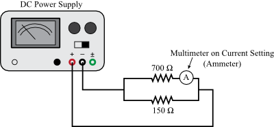 There are two branches of a circuit in parallel. The upper branch is a 700 ohm resistor and an ammeter in series. The lower branch is a 150 ohm resistor. Inputs from a DC power supply connect to the branches. The positive input connects to the branches on their left sides, and the negative input connects to the branches on their right sides.