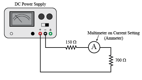A wire runs from the positive input of the DC power supply to a 700 ohm resistor, followed in series by an ammeter, followed in series by a 150 ohm resistor, and then back to the negative input of the DC power supply.