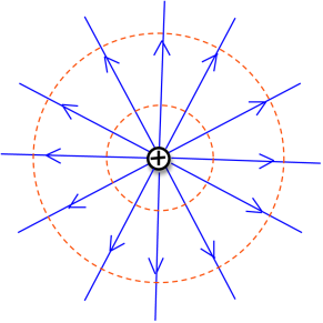 A positive charge has a series of blue lines with arrows that point and extend away from the charge in all directions. A short distance away, a red dotted circle encompasses the charge and at a farther distance away, a second red dotted circle encompasses the first. The blue lines are perpendicular with the red circles whenever they intersect. 