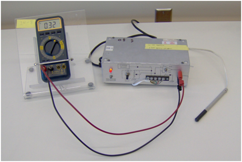 Photo of the Hall probe and a multimeter. The multimeter is set to measure voltage.