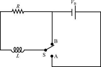 A circuit diagram with a battery on the top labled V_B. The positive side of the battery goes to node A where there is a switch. The negative side of the battery goes to a fork where one wire runs to node B where the switch is. The other wire goes through a resistor labled R then an inductor labled L and ends at node S where the switch is. The switch is in a position connecting nodes B and S. It can be flipped to instead connect nodes A and S.