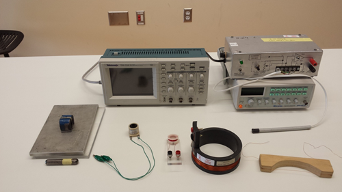 The apparatus is placed out on a table.  In the back are the function generator, oscilloscope, and Hall probe box.  In front are the plastic and aluminum blocks, magnets, solenoid, coils, wire, and a long wooden jig to hold the wire.