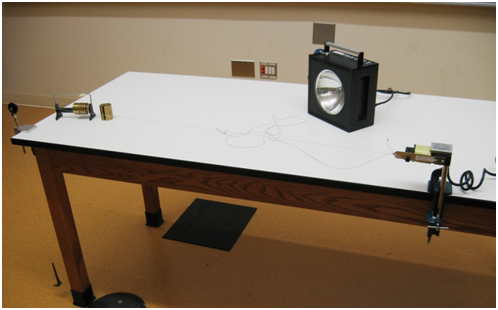 In this experimental setup, two clamps are affixed to the ends of a table.  Atop one clamp is a pulley, and atop the other clamp is an electrically driven vibrator.  A string runs horizontally from the vibrator, along the length of the table to the pulley, and then hangs over the pulley.  A mass holder tied to the hanging end of the string is held aloft in the air.  Also atop the table are a set of small slotted masses and a stroboscopic light.