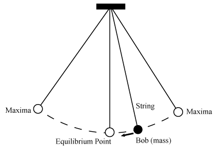 a simple pendulum consisting of a string and bob (mass) that displays the maxima of oscillation, the equilibrium point, and the bob in motion between a maxima and the equilibrium point