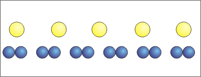 5 yellow spheres and 6 pairs of blue spheres
