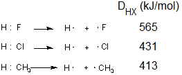 Each atom retains one electron when HF bond is broken; each atom retains one electron when HCl bond is broken; each atom retains one electron when CH bond is broken.