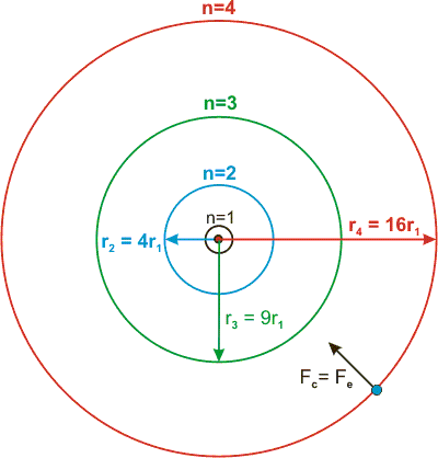 n = 2 radius is 4 times n = 1 radius. n = 3 radius is 9 times n = 1 radius. n = 4 radius is 16 times n = 1 radius
